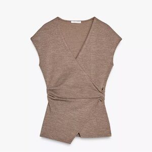 Zara Taupe Wrap Top with Gold Accents